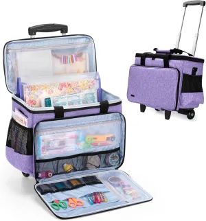 Yarwo Rolling Craft Bag on Wheels, Women Scrapbook Tote Bag with Detachable Trolley and Extra Bottom Board for Teaching Craft Supplies and Tools, Rolling Teacher Cart, Purple