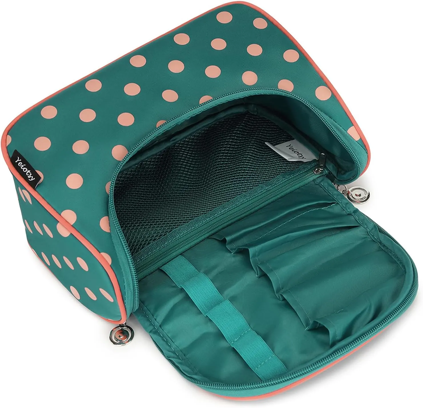 Yeiotsy Polka Dots Makeup Bag – Travel Toiletry Bag for Women, Hanging Cosmetic Organizer with Handle and Brush Holders