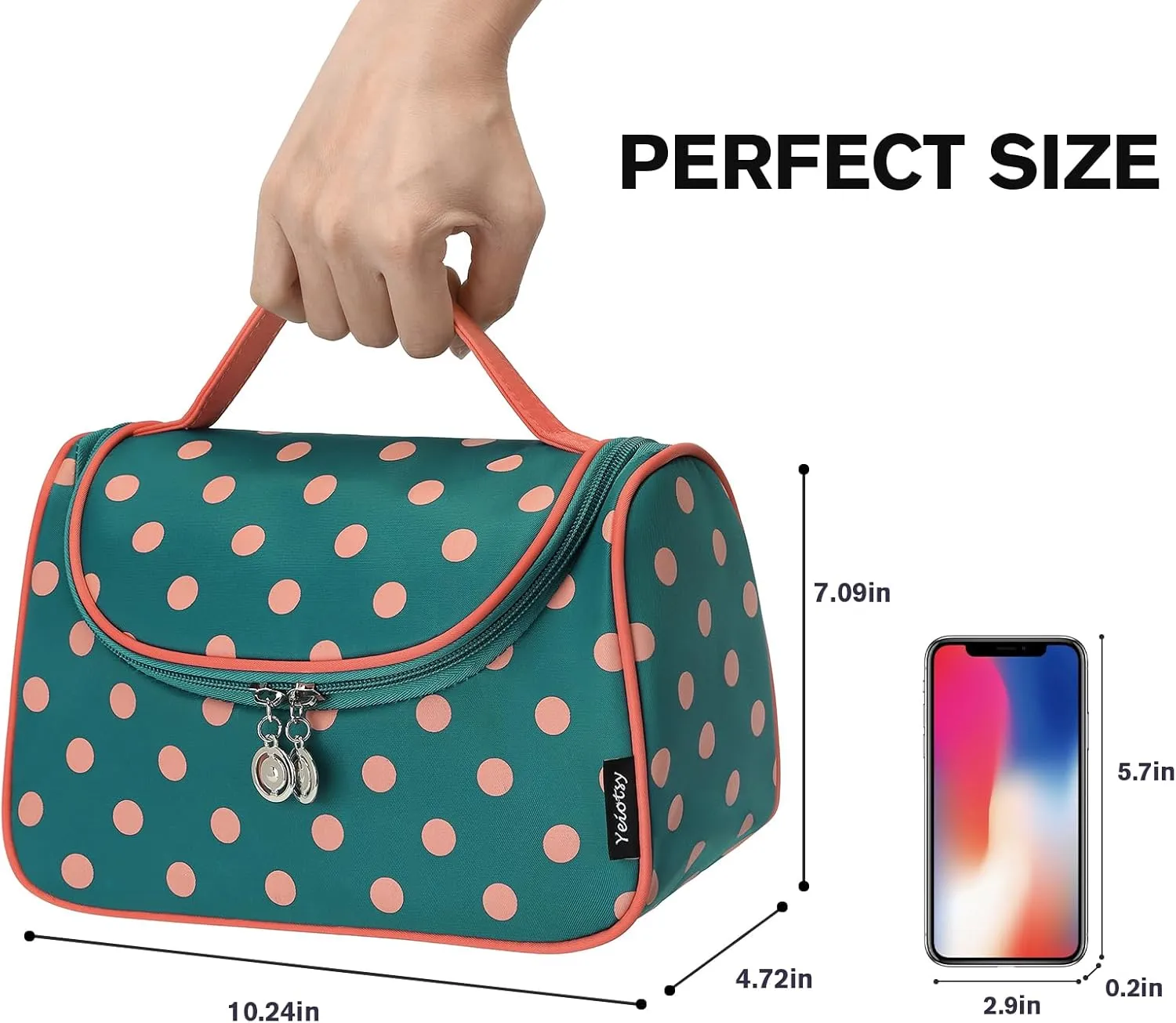Yeiotsy Polka Dots Makeup Bag – Travel Toiletry Bag for Women, Hanging Cosmetic Organizer with Handle and Brush Holders