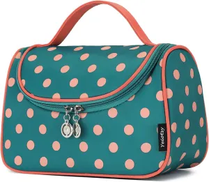 Yeiotsy Polka Dots Makeup Bag – Travel Toiletry Bag for Women, Hanging Cosmetic Organizer with Handle and Brush Holders