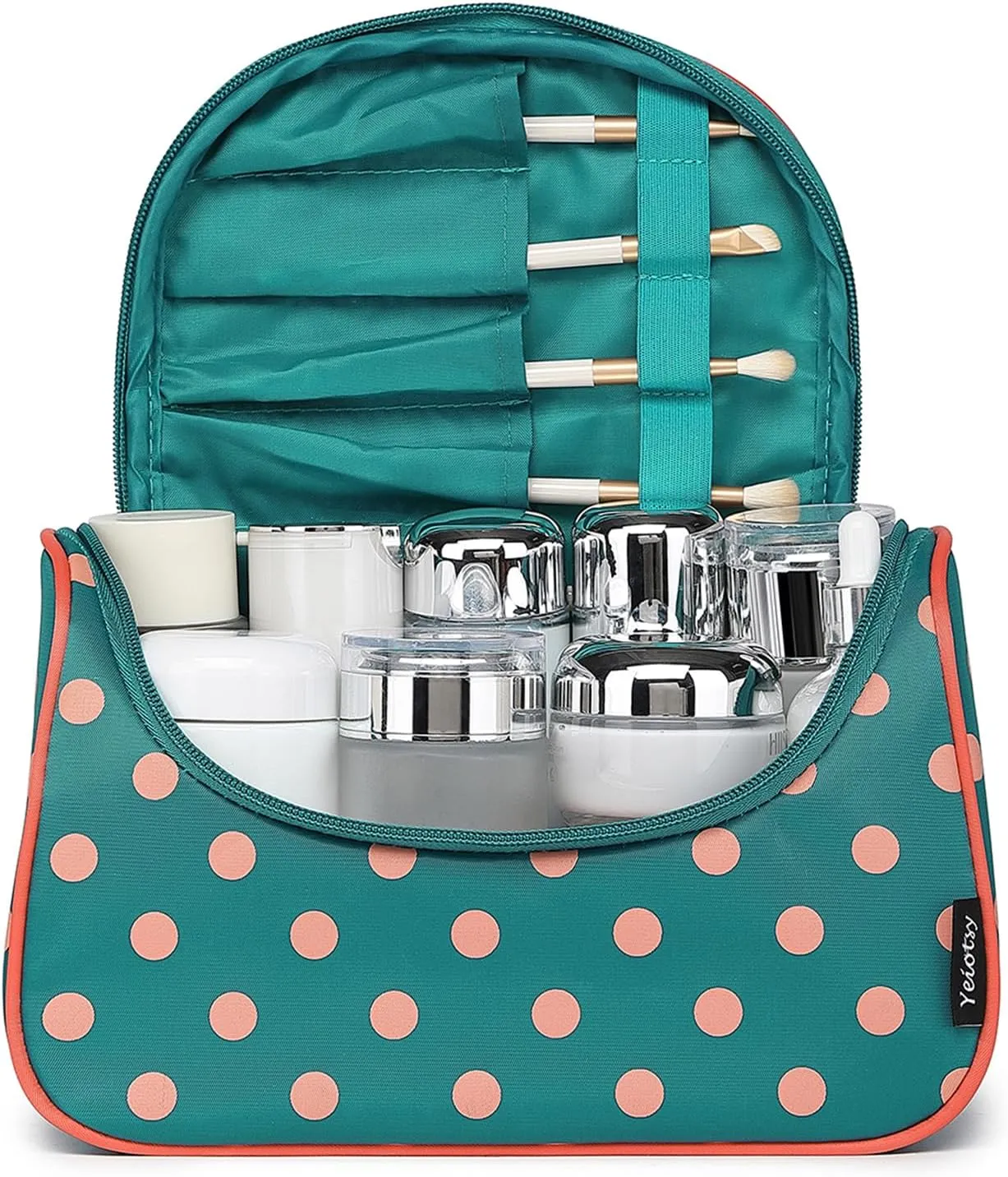 Yeiotsy Polka Dots Makeup Bag – Travel Toiletry Bag for Women, Hanging Cosmetic Organizer with Handle and Brush Holders