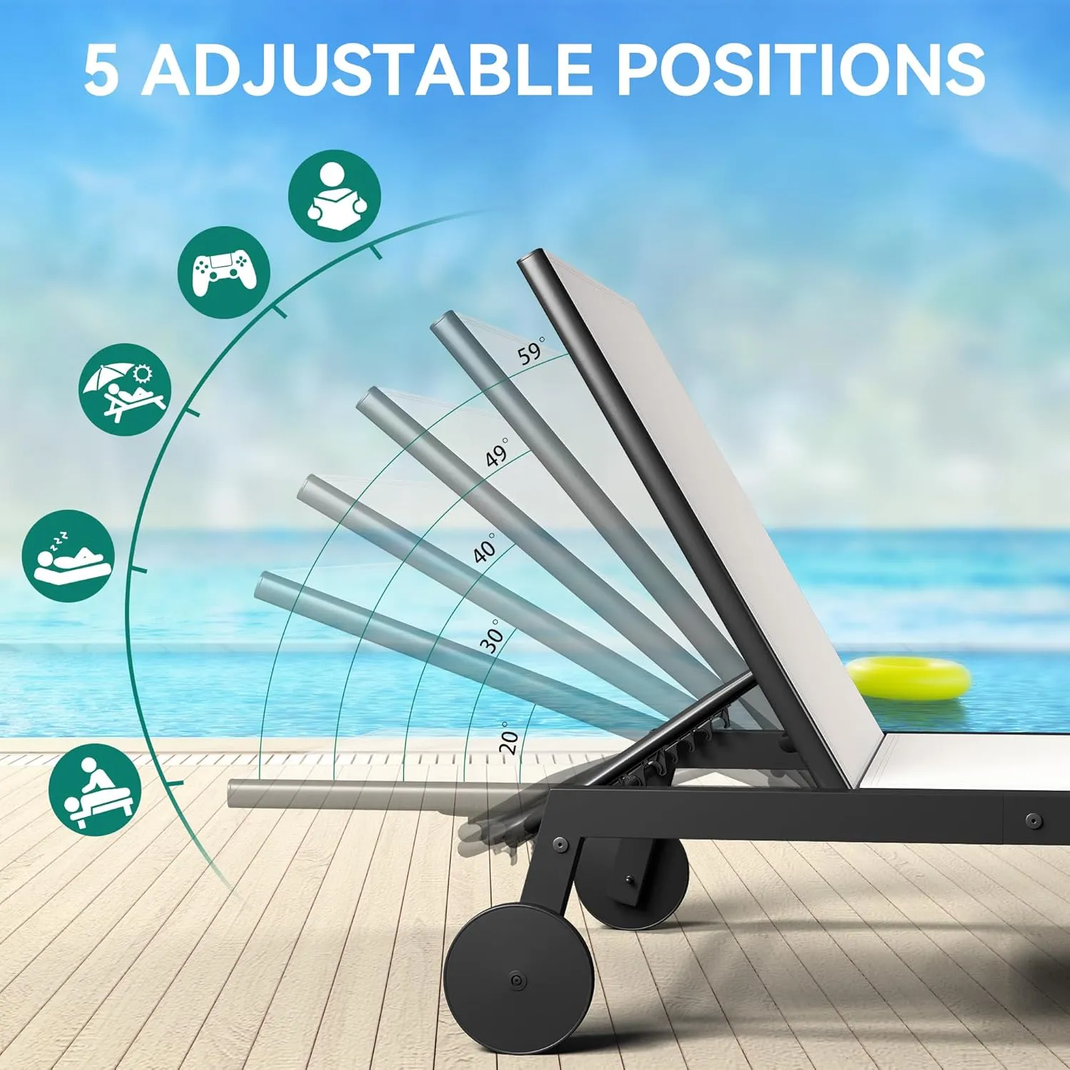 YITAHOME Outdoor Chaise Lounge Chairs Set of 3, Pool Loungers with Side Table, 5-Position Adjustable Backrest,Textile Fabric, and Wheels for Pool Beach Patio Lawn Porch - Beige