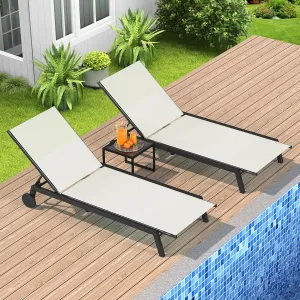 YITAHOME Outdoor Chaise Lounge Chairs Set of 3, Pool Loungers with Side Table, 5-Position Adjustable Backrest,Textile Fabric, and Wheels for Pool Beach Patio Lawn Porch - Beige