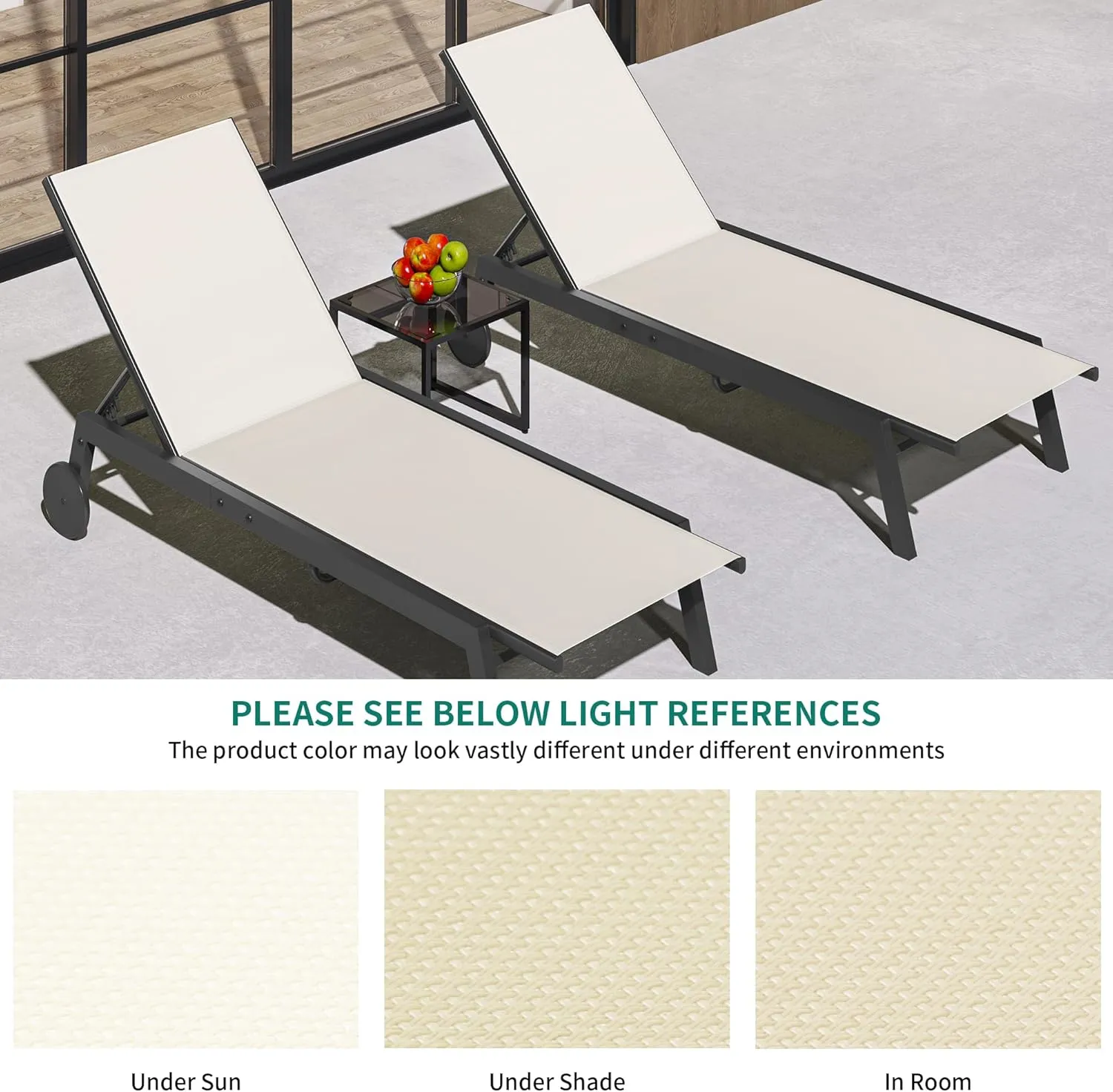 YITAHOME Outdoor Chaise Lounge Chairs Set of 3, Pool Loungers with Side Table, 5-Position Adjustable Backrest,Textile Fabric, and Wheels for Pool Beach Patio Lawn Porch - Beige