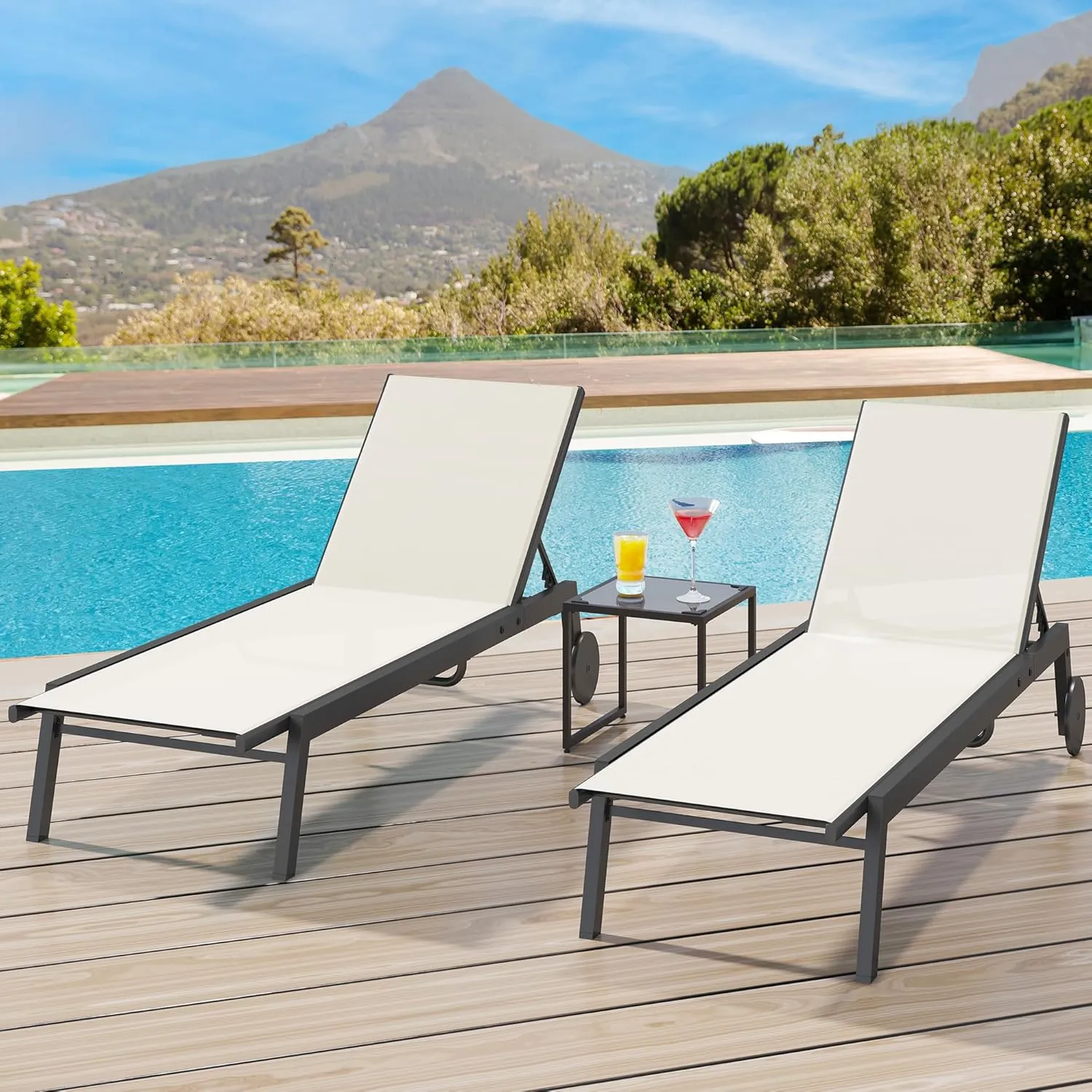 YITAHOME Outdoor Chaise Lounge Chairs Set of 3, Pool Loungers with Side Table, 5-Position Adjustable Backrest,Textile Fabric, and Wheels for Pool Beach Patio Lawn Porch - Beige