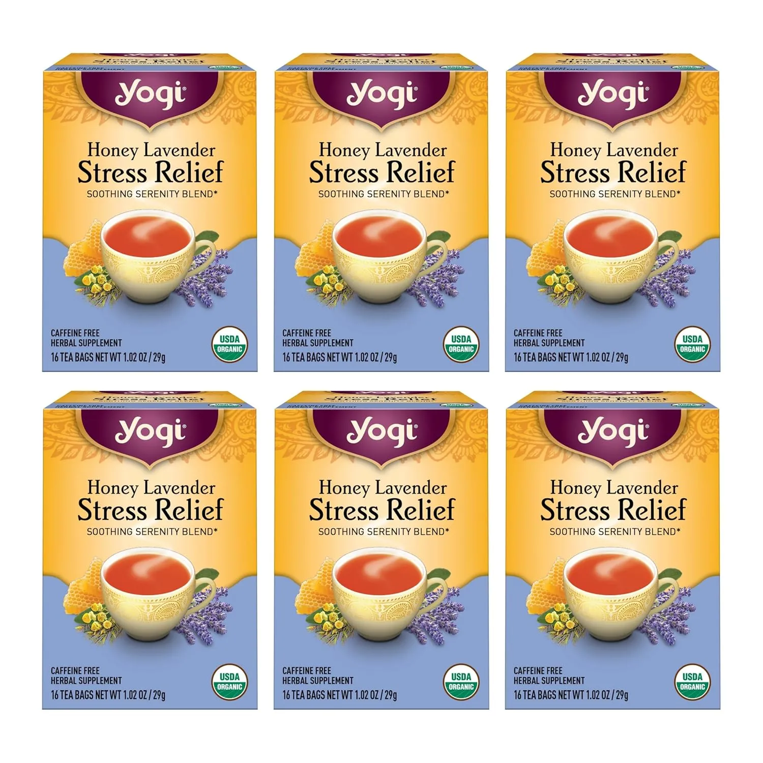 Yogi Tea Honey Lavender Stress Relief Tea - 16 Tea Bags per Pack (6 Packs) - Organic Chamomile Lavender Tea - Includes Lemon Balm, Lemongrass, Spearmint Leaf, Peppermint Leaf, Honey Flavor & More