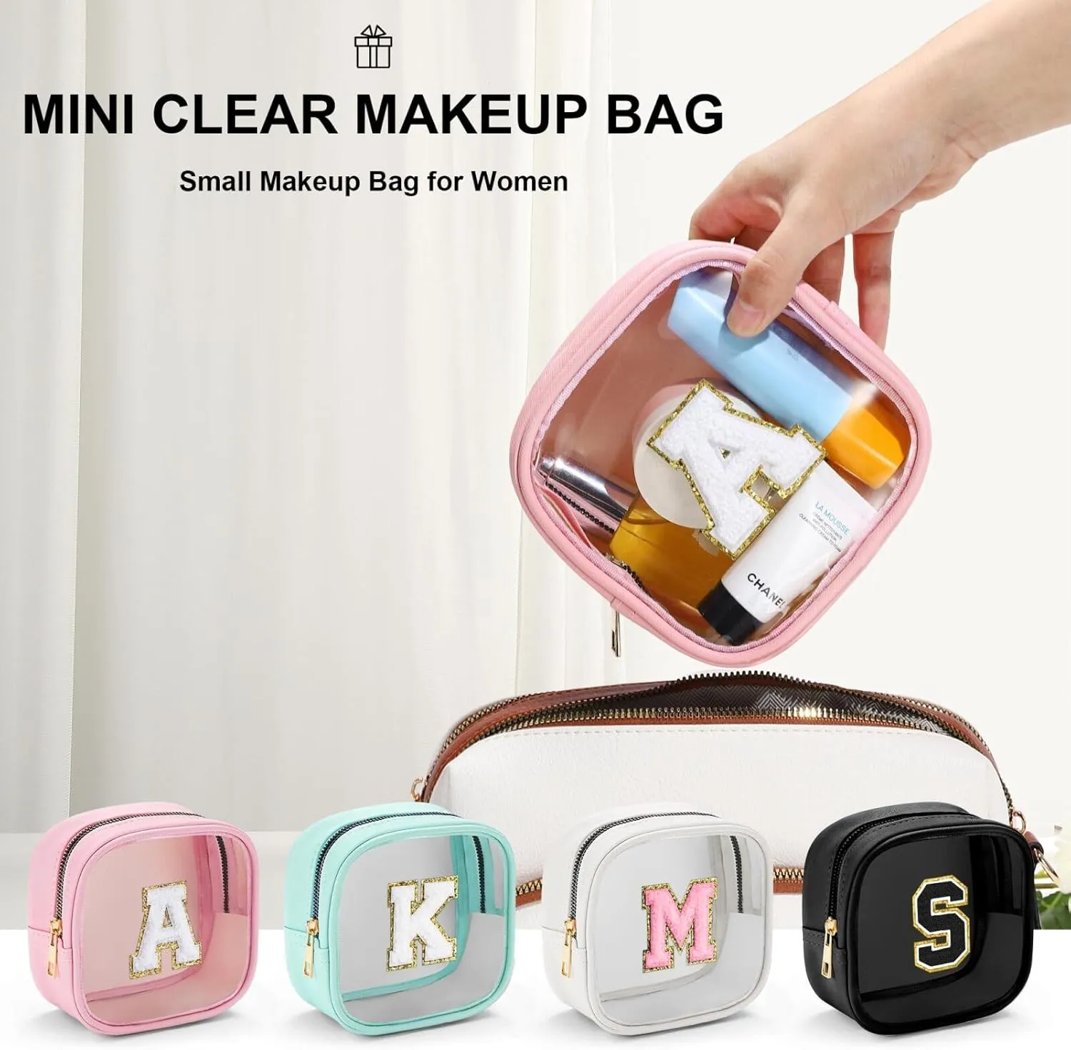 YOOLIFE Mini Initial Makeup Bag | Travel Toiletry Bag | Clear Makeup Bag | Travel Essentials Gifts for Women Teen Girlfriend Teacher Birthday Gifts | Clear Toiletry Bag Small Mini Cosmetic Bag Pink M