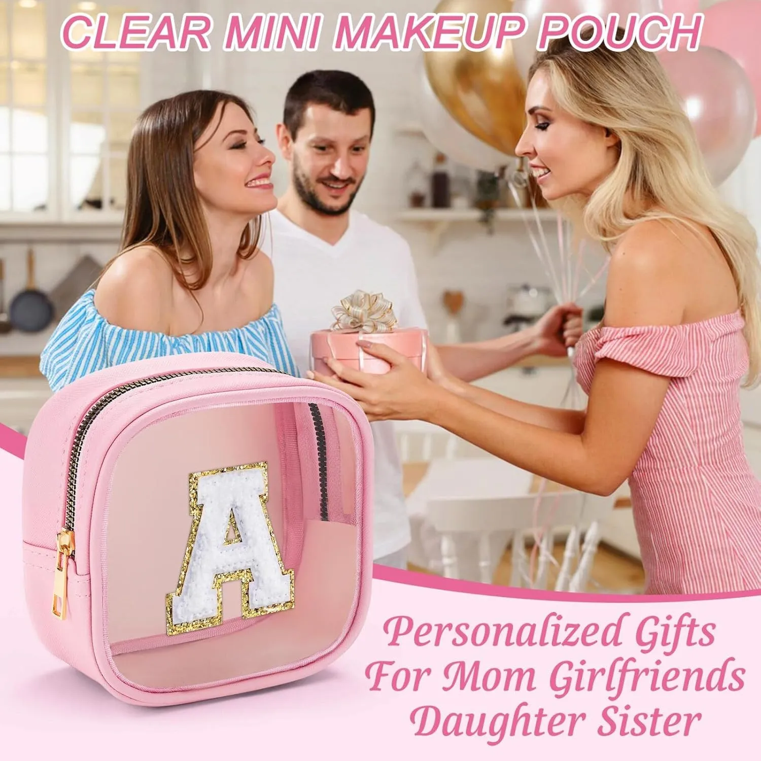 YOOLIFE Mini Initial Makeup Bag | Travel Toiletry Bag | Clear Makeup Bag | Travel Essentials Gifts for Women Teen Girlfriend Teacher Birthday Gifts | Clear Toiletry Bag Small Mini Cosmetic Bag Pink M