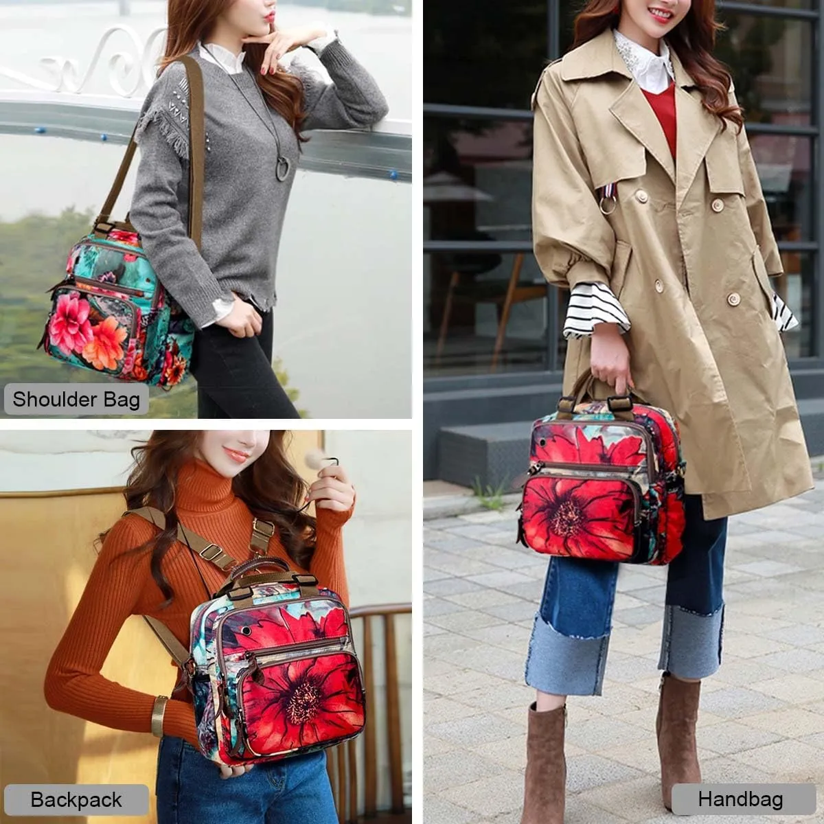 YouNuo Fashion Small Backpack Purse for Women, Floral Multi-Pocket Shoulder Handbag, Water-resistant Nylon Crossbody Purse for Mom, Ladies Convertible Mommy Bag with Insulated Pockets, Pink