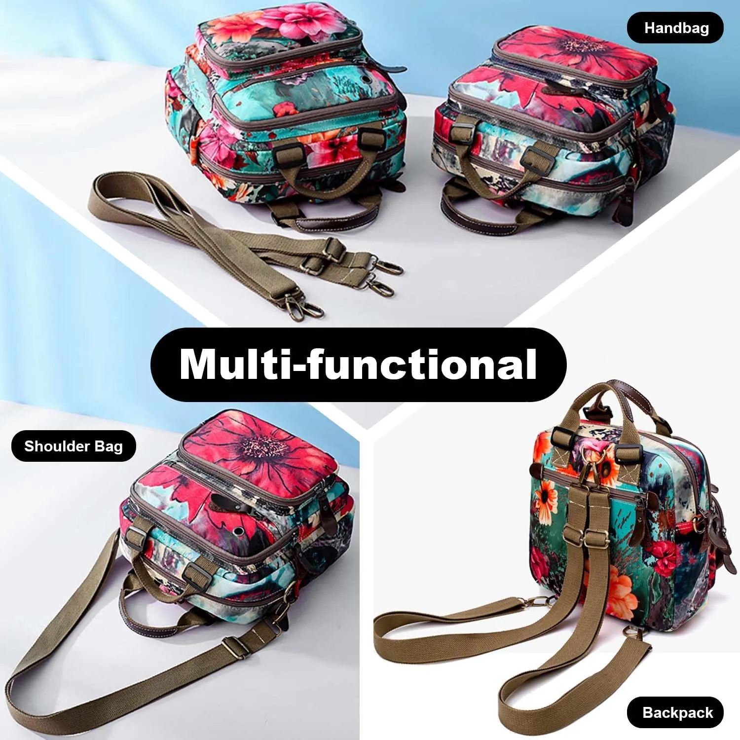 YouNuo Fashion Small Backpack Purse for Women, Floral Multi-Pocket Shoulder Handbag, Water-resistant Nylon Crossbody Purse for Mom, Ladies Convertible Mommy Bag with Insulated Pockets, Pink