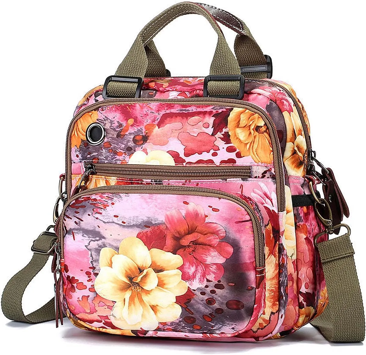 YouNuo Fashion Small Backpack Purse for Women, Floral Multi-Pocket Shoulder Handbag, Water-resistant Nylon Crossbody Purse for Mom, Ladies Convertible Mommy Bag with Insulated Pockets, Pink