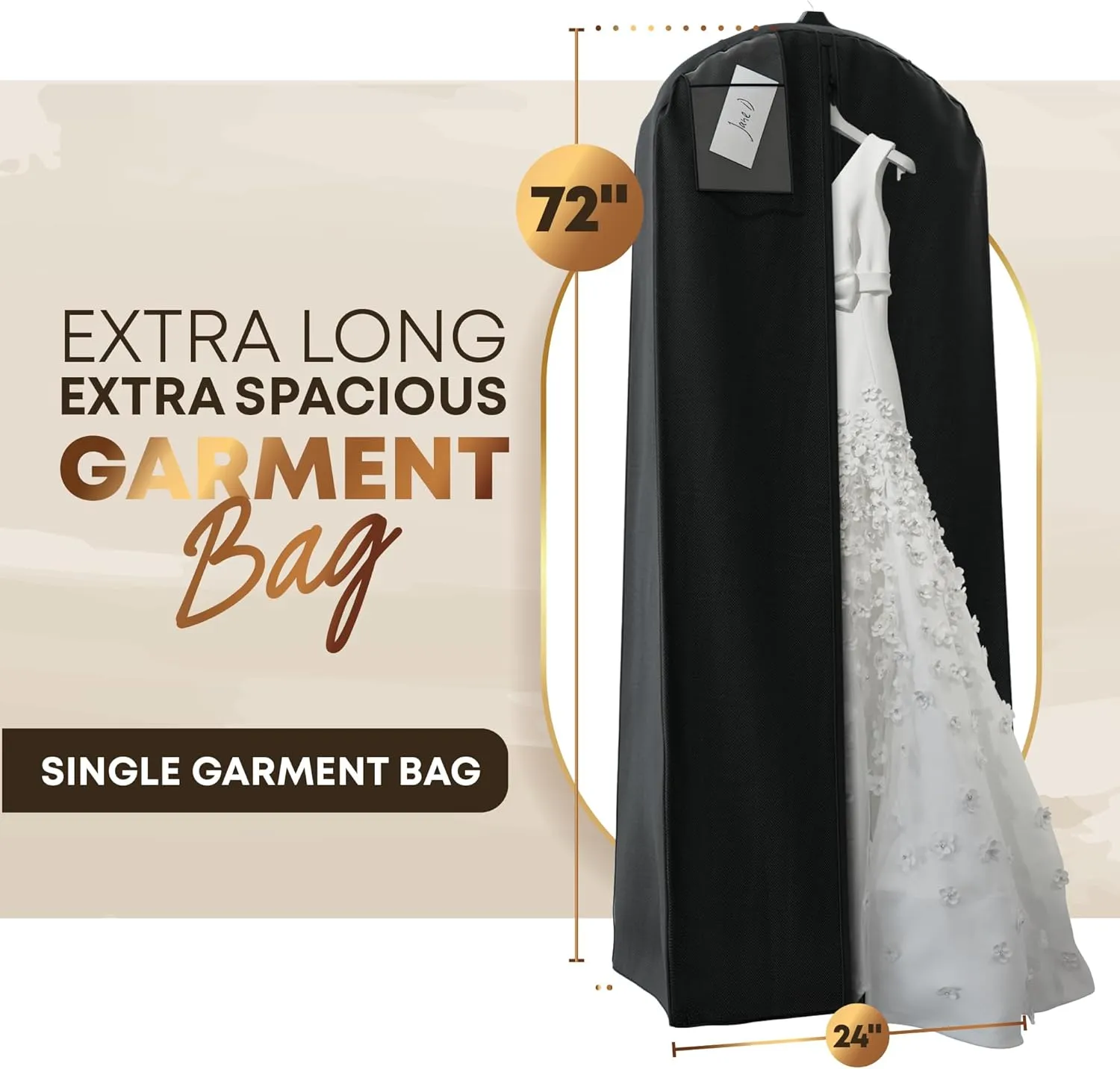 Your Bags Wedding Dress Garment Bag - 72" Garment Bags for Hanging Clothes with 20" Gusset for Puffy Gowns - Durable Dress Cover for Travel or Storage - Rip-Resistant with ID Window - Black