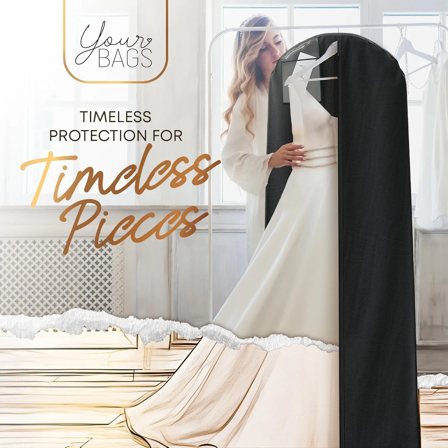 Your Bags Wedding Dress Garment Bag - 72" Garment Bags for Hanging Clothes with 20" Gusset for Puffy Gowns - Durable Dress Cover for Travel or Storage - Rip-Resistant with ID Window - Black
