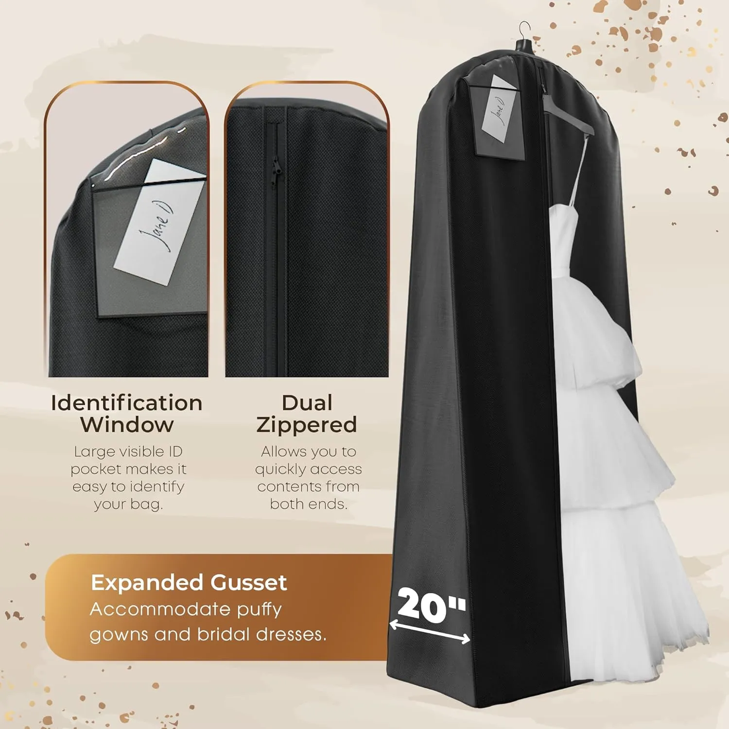 Your Bags Wedding Dress Garment Bag - 72" Garment Bags for Hanging Clothes with 20" Gusset for Puffy Gowns - Durable Dress Cover for Travel or Storage - Rip-Resistant with ID Window - Black