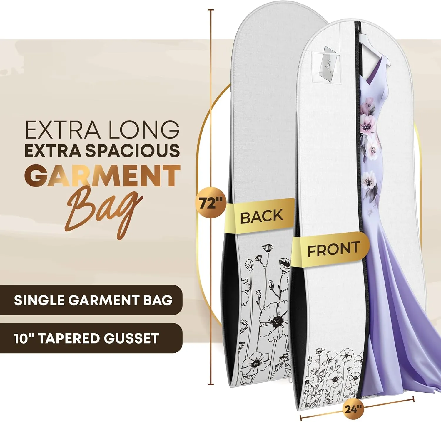 Your Bags Women’s Dress and Gown Garment Bag -72”x24” and 10” Tapered Gusset Prom Bags (Wildflower White)