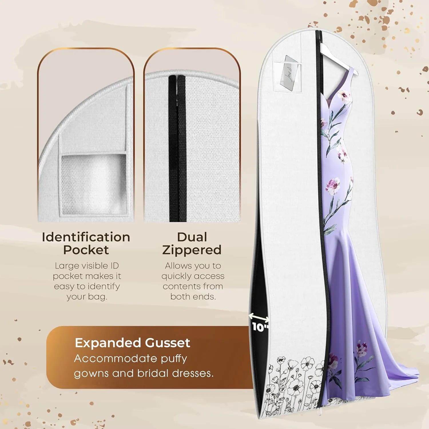 Your Bags Women’s Dress and Gown Garment Bag -72”x24” and 10” Tapered Gusset Prom Bags (Wildflower White)