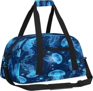 Yzrwebo Ocean Jellyfish Kids Gym Sport Bag for Boys Girls, Blue Jellyfish Travel Duffle Bag Gymnastics Dance Bag Teen Weekender Overnight Carry on Tote Bags