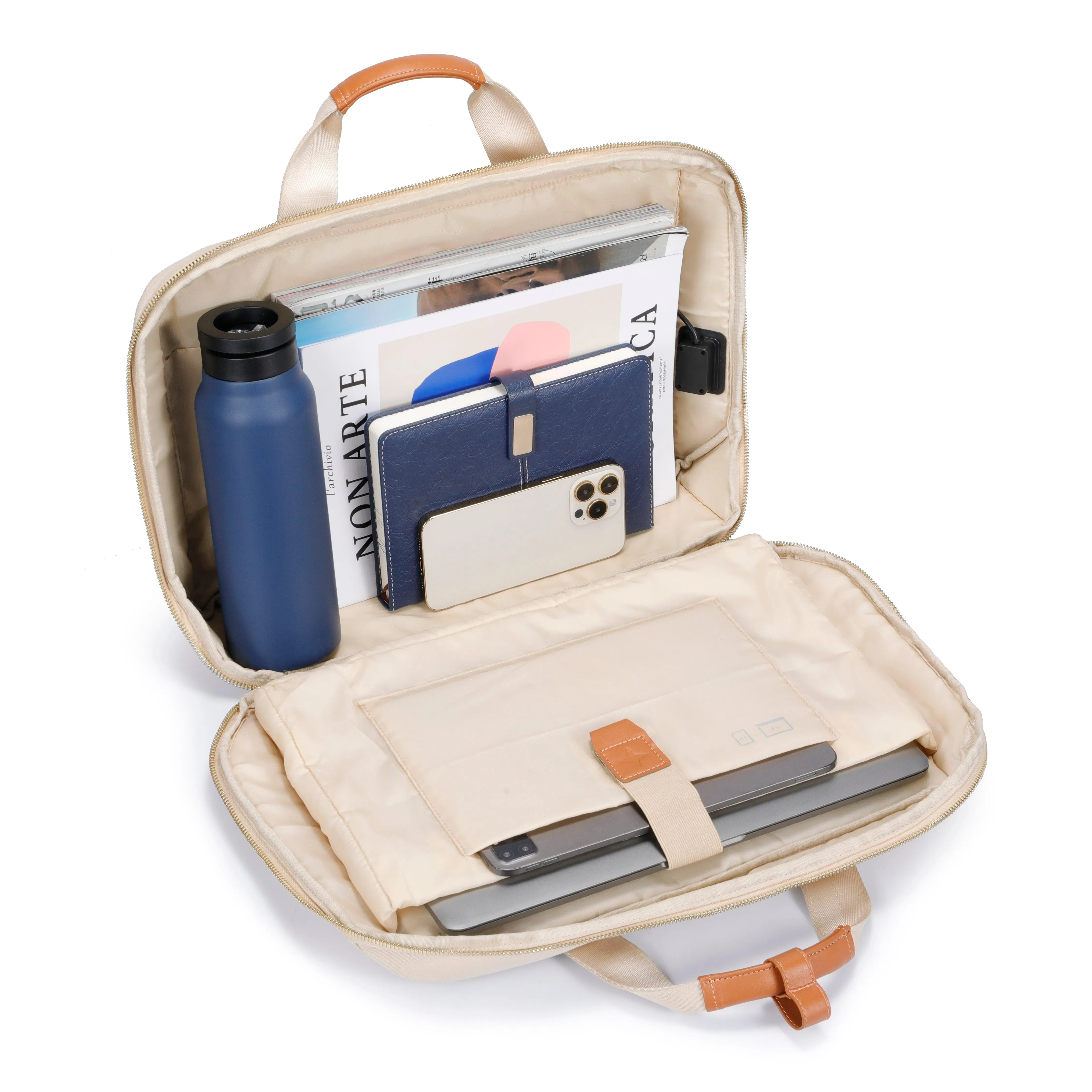 ZenPack LITE Laptop Messenger Bag X Briefcase with USB Fast-Charging for Laptops up to 15.6 inches (Beige)