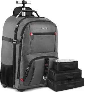 ZOMFELT Rolling Backpack, Travel Backpack with Wheels, Carry on Backpack with 3 Packing Cubes, 17.3 Inch Wheeled Laptop Backpack for Men Women Adults to Travel Work Business Grey