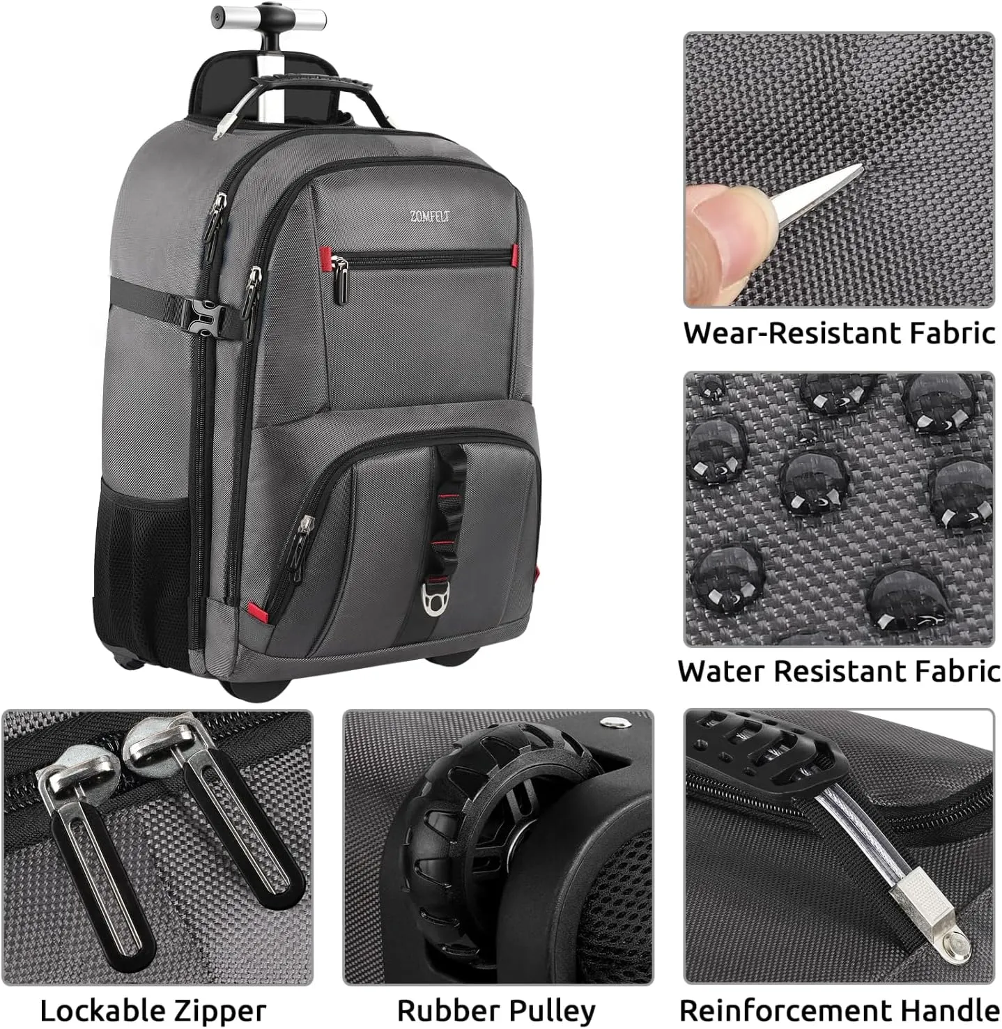 ZOMFELT Rolling Backpack, Travel Backpack with Wheels, Carry on Backpack with 3 Packing Cubes, 17.3 Inch Wheeled Laptop Backpack for Men Women Adults to Travel Work Business Grey