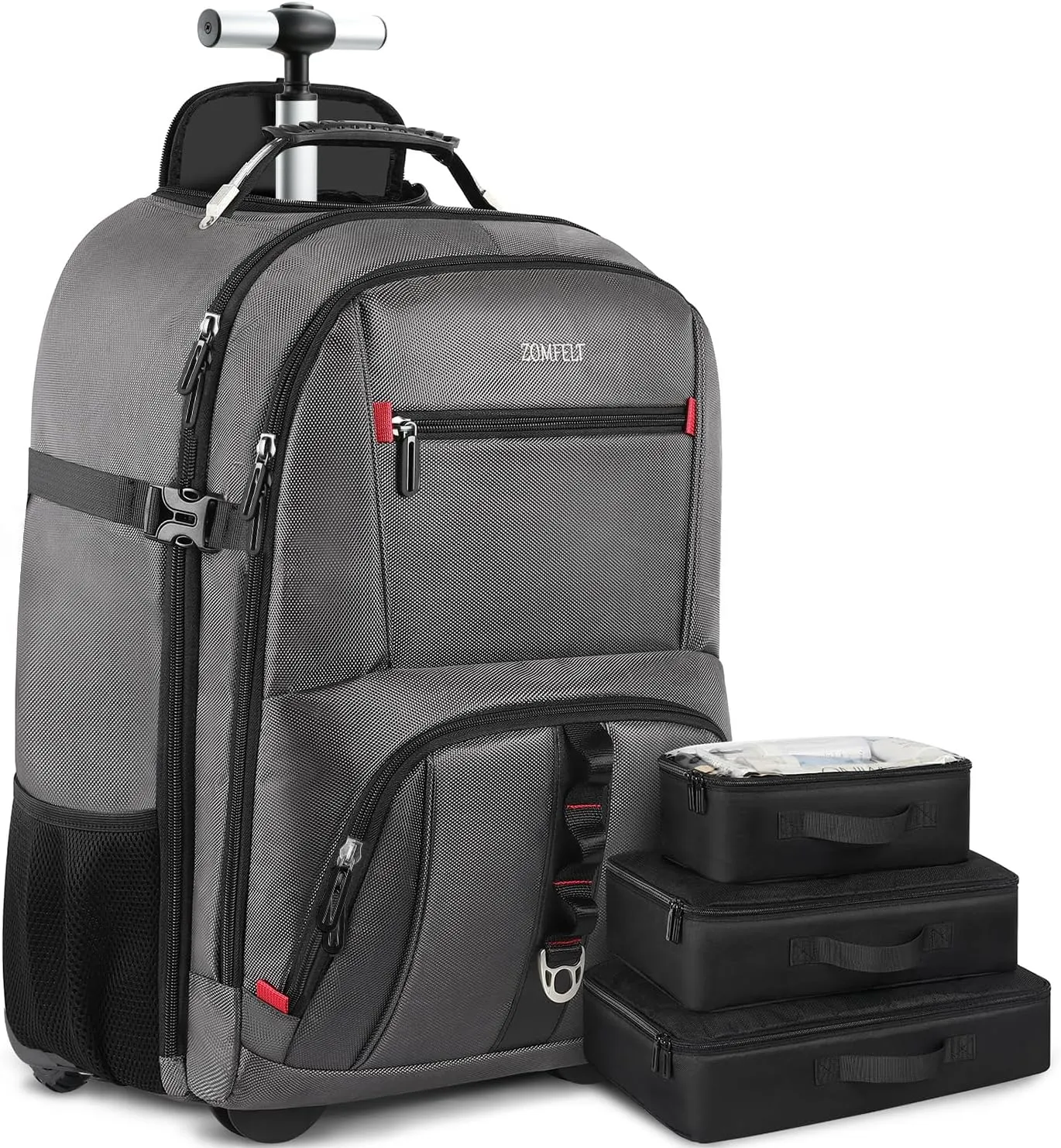ZOMFELT Rolling Backpack, Travel Backpack with Wheels, Carry on Backpack with 3 Packing Cubes, 17.3 Inch Wheeled Laptop Backpack for Men Women Adults to Travel Work Business Grey