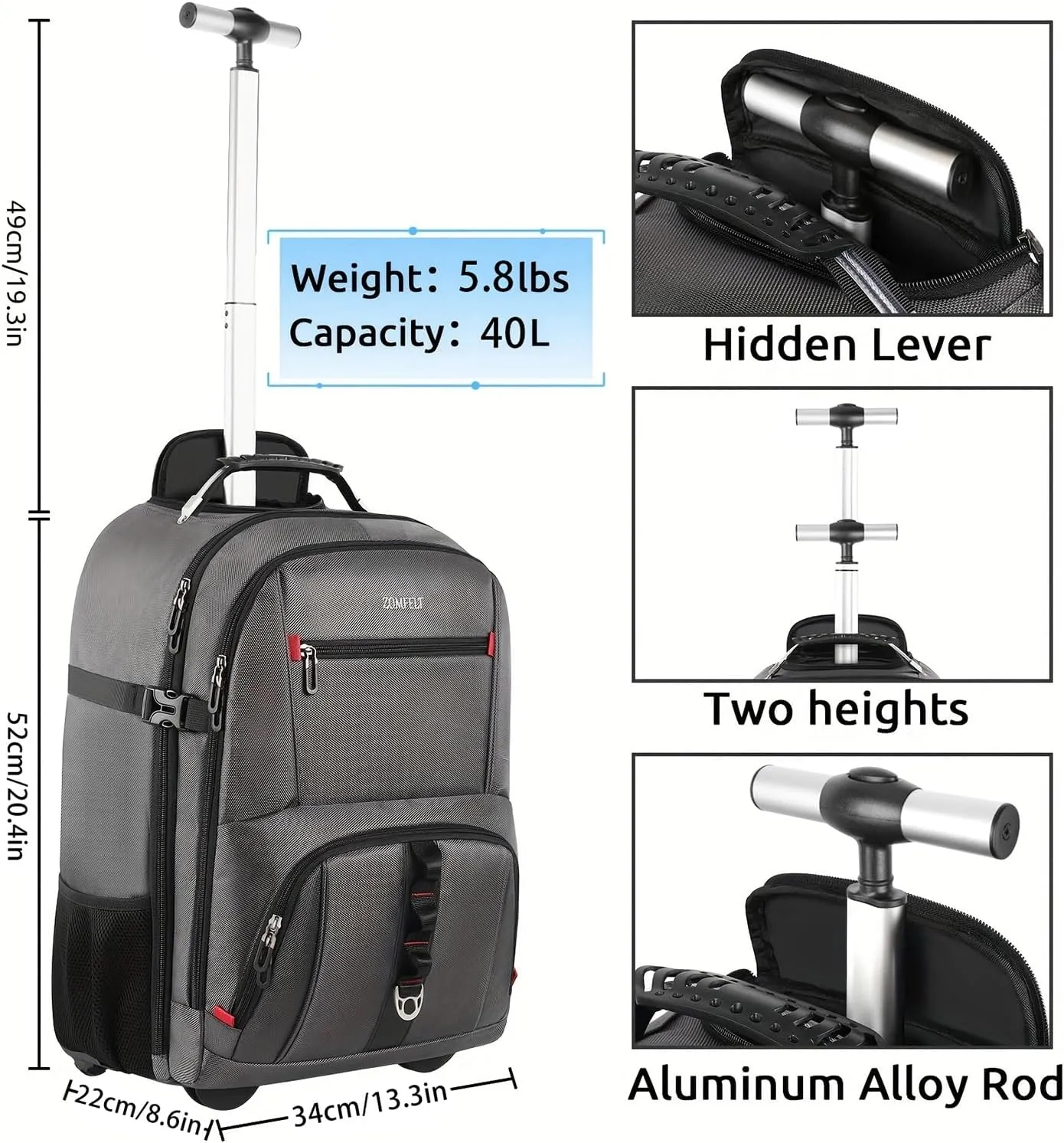 ZOMFELT Rolling Backpack, Travel Backpack with Wheels, Carry on Backpack with 3 Packing Cubes, 17.3 Inch Wheeled Laptop Backpack for Men Women Adults to Travel Work Business Grey