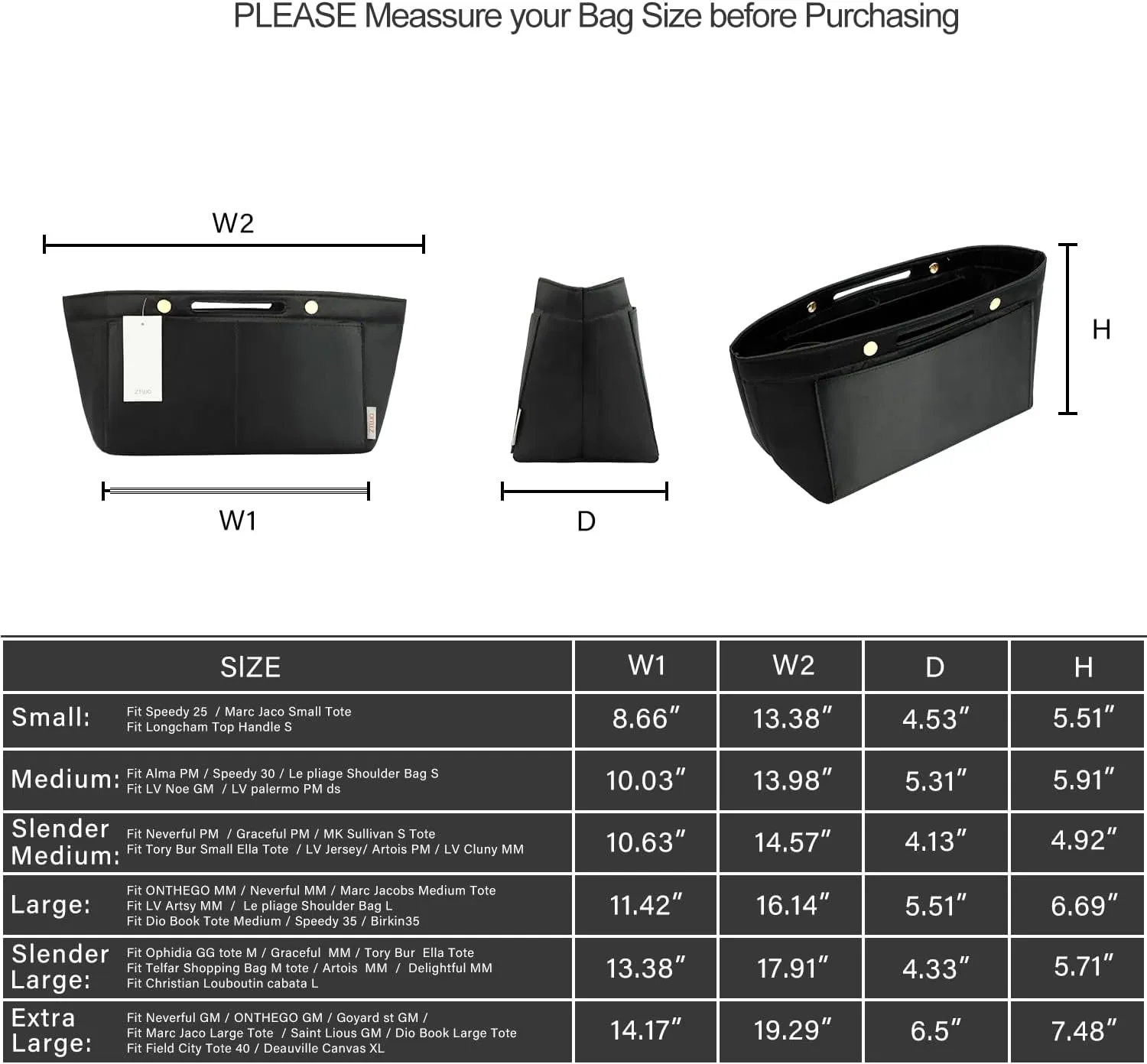 ZTUJO Purse Organizer Insert For Handbag & Tote Shaper,Tote Bag Organizer Insert For Speedy Neverful, 6 Sizes(Small, Silky Black)