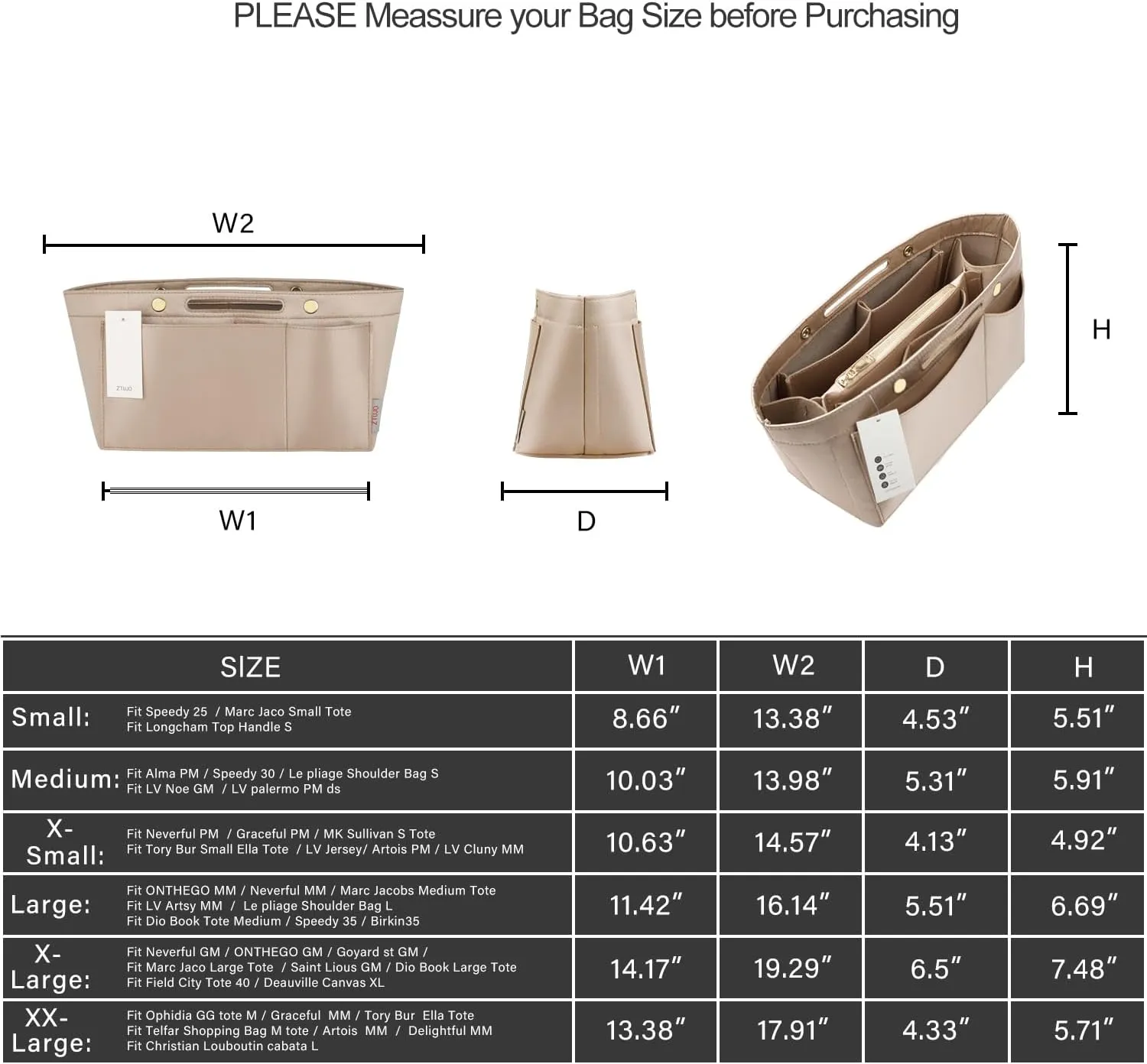 ZTUJO Purse Organizer Insert For Handbags, Silky Bag Organizer With 2 Zippers For Speedy Neverful Tote and More (Beige, X-Large)
