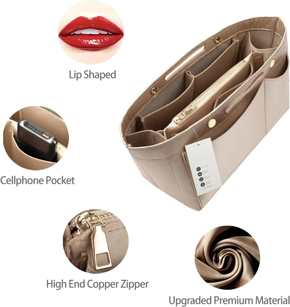 ZTUJO Purse Organizer Insert For Handbags, Silky Bag Organizer With 2 Zippers For Speedy Neverful Tote and More (Beige, X-Large)