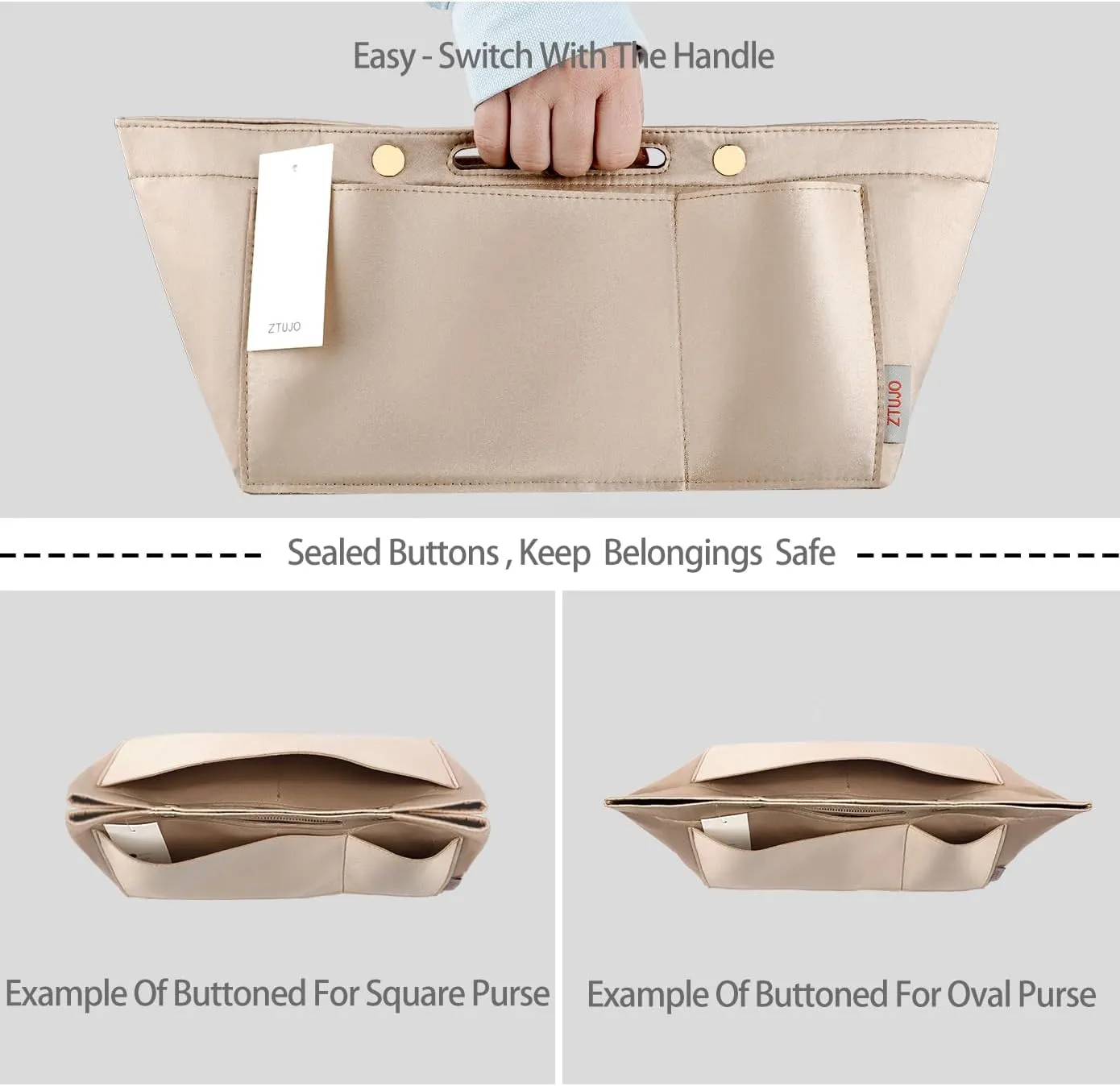 ZTUJO Purse Organizer Insert For Handbags, Silky Bag Organizer With 2 Zippers For Speedy Neverful Tote and More (Beige, X-Large)