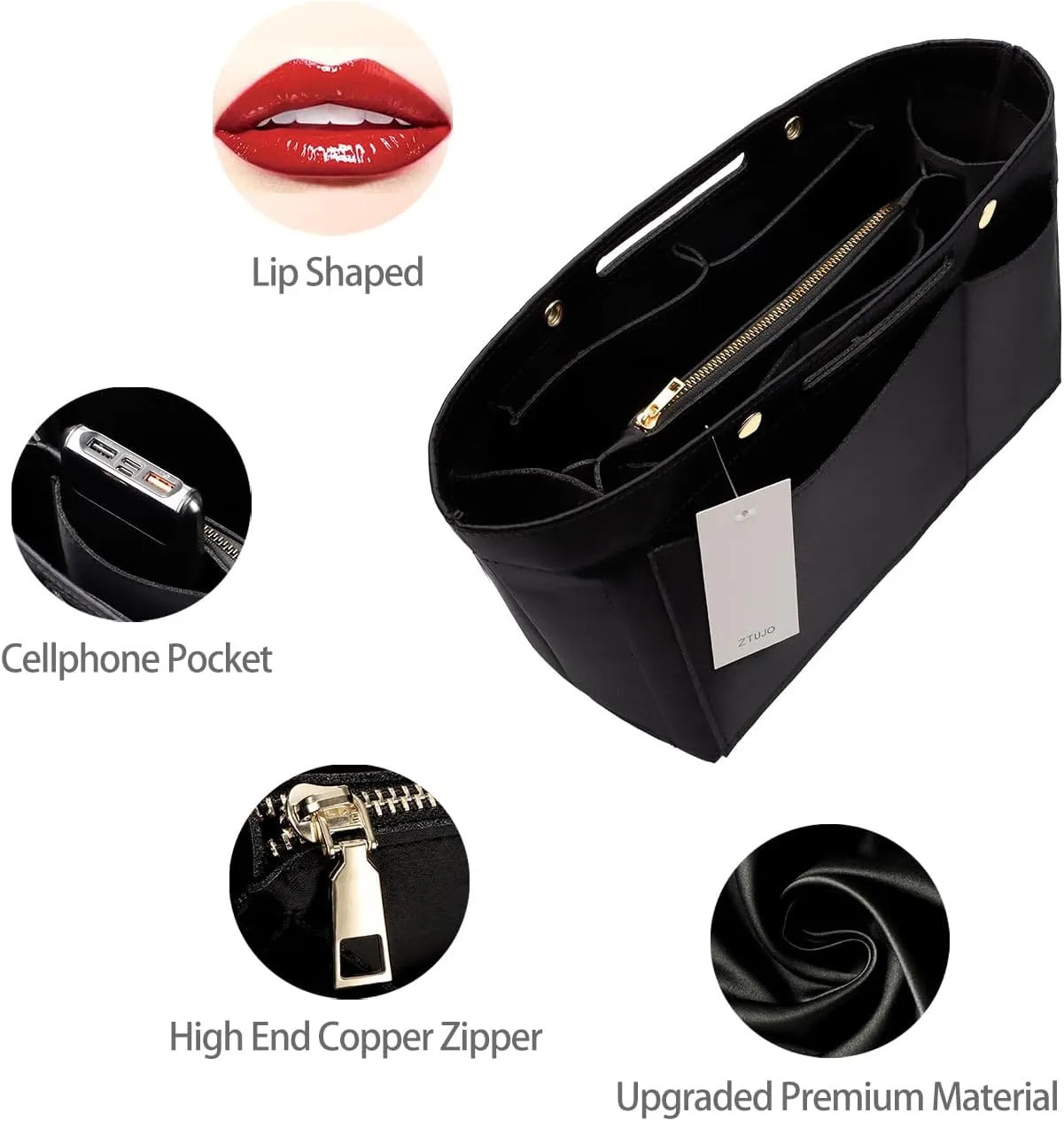 ZTUJO Purse Organizer Insert For Handbags, Silky Bag Organizer With 2 Zippers For Speedy Neverful Tote and More (Black, XX-Large)