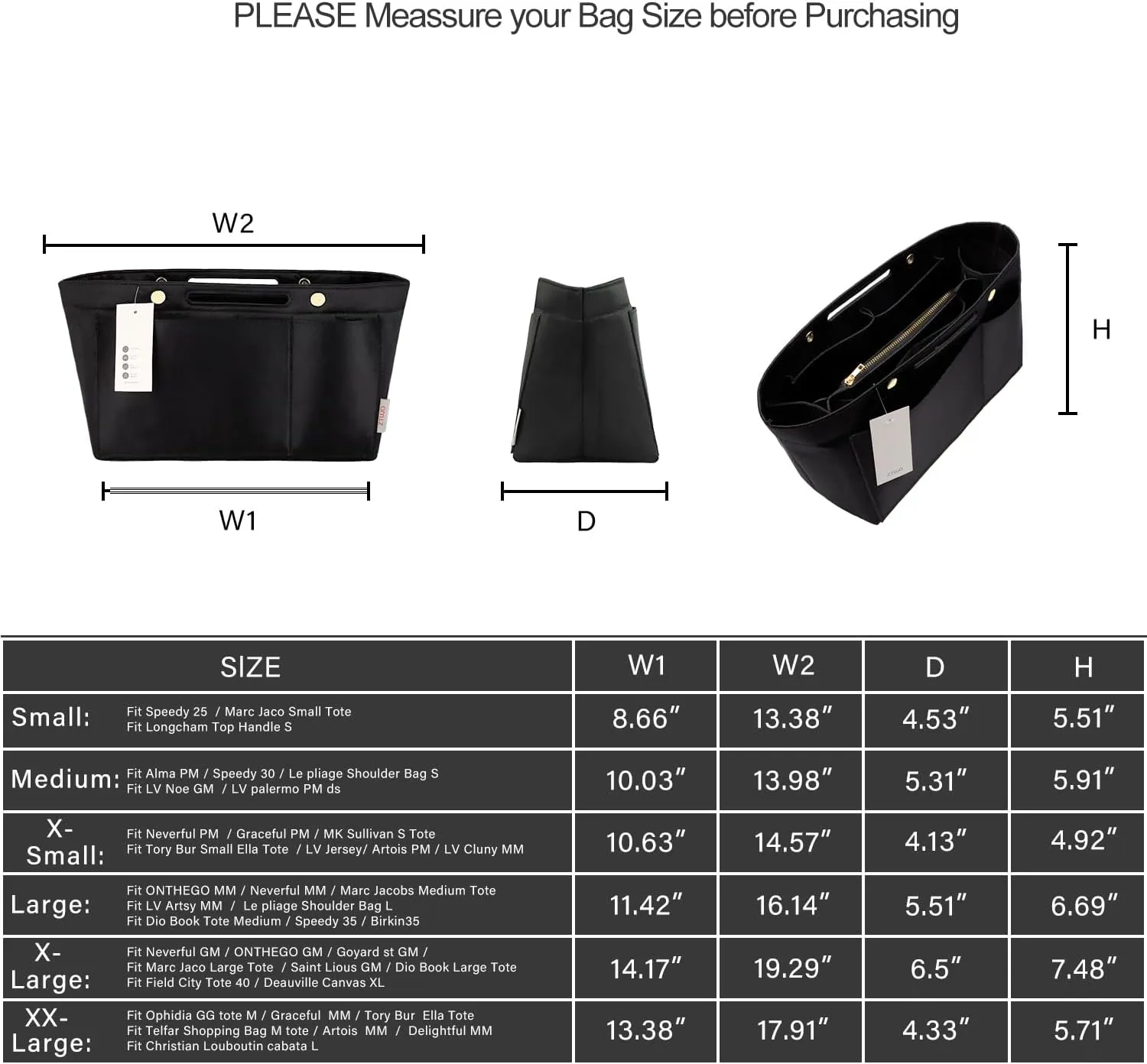 ZTUJO Purse Organizer Insert For Handbags, Silky Bag Organizer With 2 Zippers For Speedy Neverful Tote and More (Black, XX-Large)