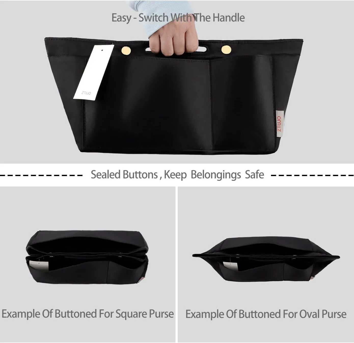 ZTUJO Purse Organizer Insert For Handbags, Silky Bag Organizer With 2 Zippers For Speedy Neverful Tote and More (Black, XX-Large)